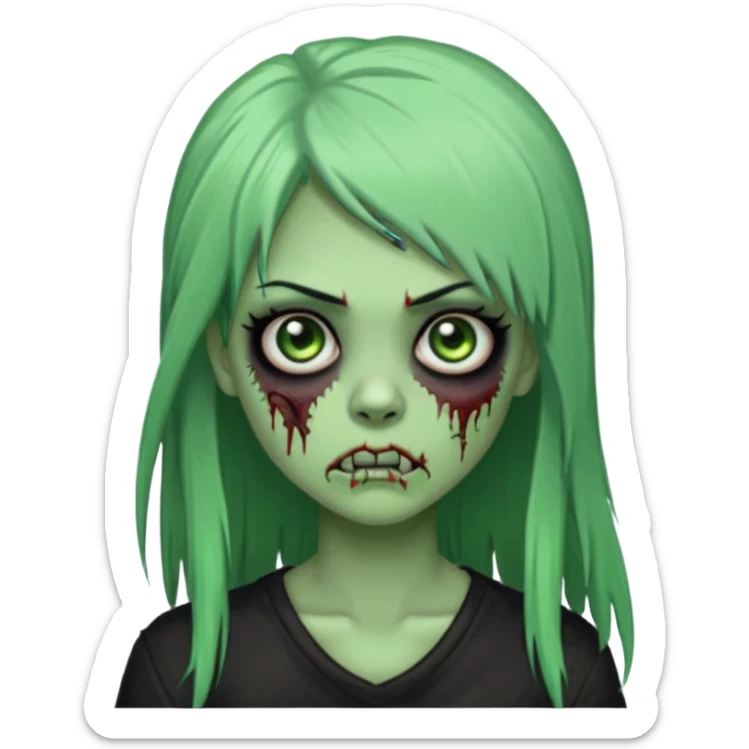 zoombi girl cabelo liso preto franja de lado cabelo partido de lado risquinho na sobrancelha e um piercing na sobrancelha um piercing no nariz cabelo longo zoombi verde ne tipo esse o  sticker