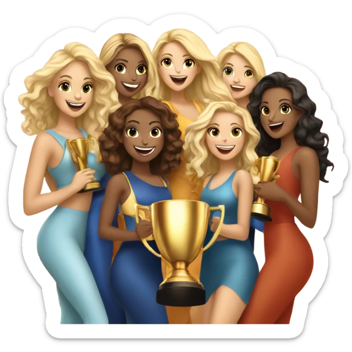 Seven beautiful and stylish blonde and Latina models celebrating with 1 huge gold trophy sticker