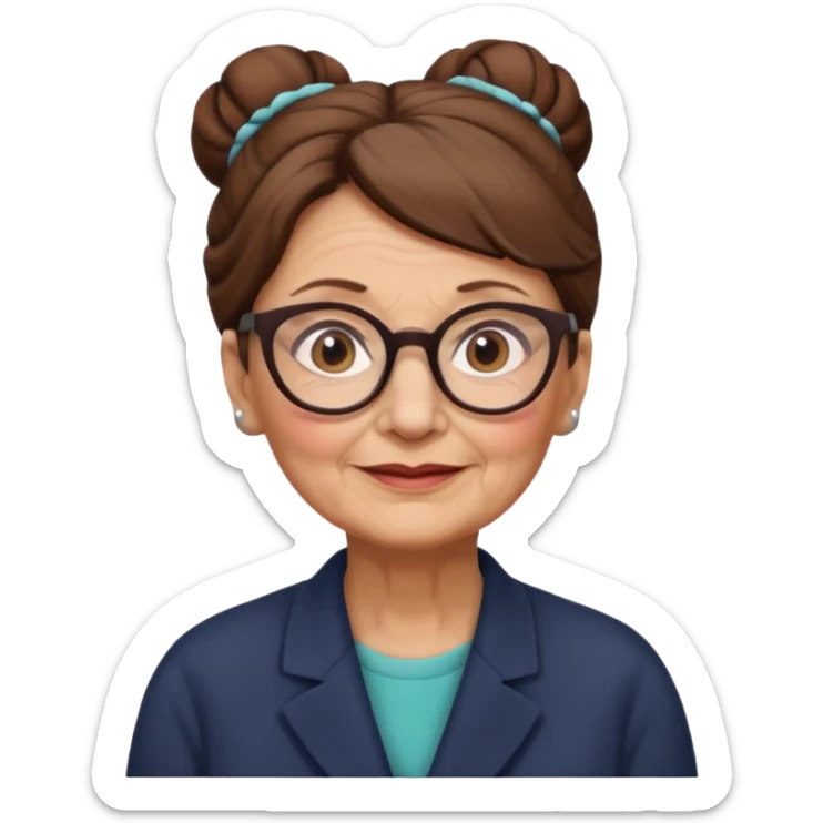 Old woman with brown hair in a bun and glasses, white European sticker