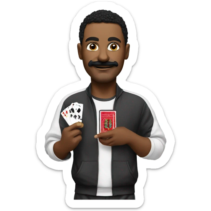 man,  with black moustache, a sly smirk, wearing track suit, with cash and playing cards in his hands sticker