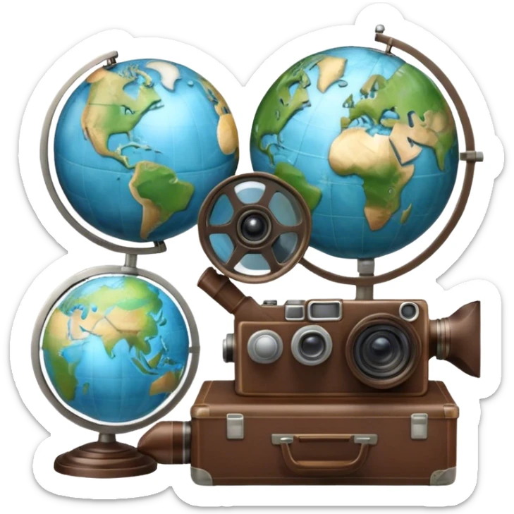 Icon for Documentary Film: A vintage movie poster style with a film reel, a camera, and a globe symbolizing exploration and knowledge. Include elements like a notebook, magnifying glass and nature or historical visuals to evoke a sense of discovery. Transparent background. sticker