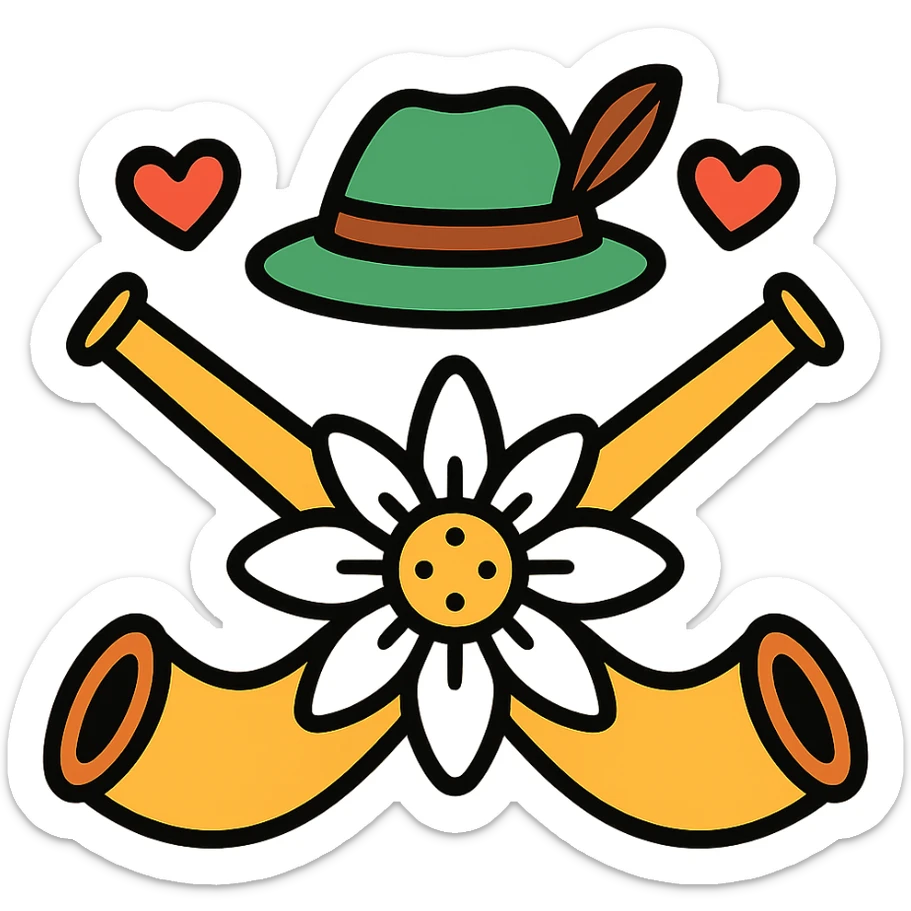 two crossed alpine horns behind an edelweiss, with small red hearts and a Tyrolean hat, colorful icon style, kitsch and festive atmosphere sticker