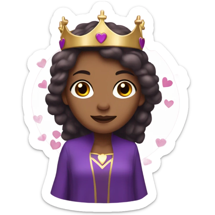 Caucasian long  brunette woman wearing formal royal purple robes and a crown. A burst of hearts are floating around her sticker