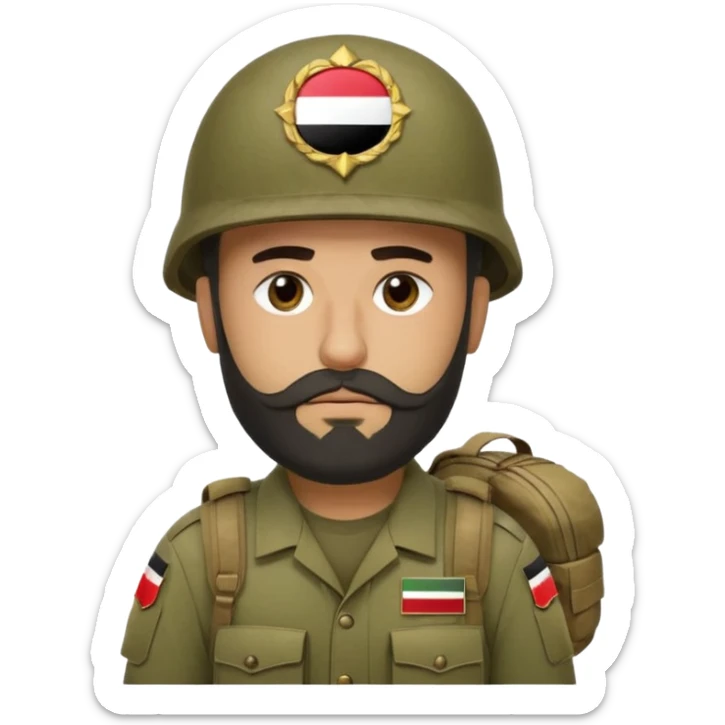 A tired, swarthy Iraqi soldier with a beard, an Iraqi flag on his helmet, a sad expression and bags under his eyes sticker