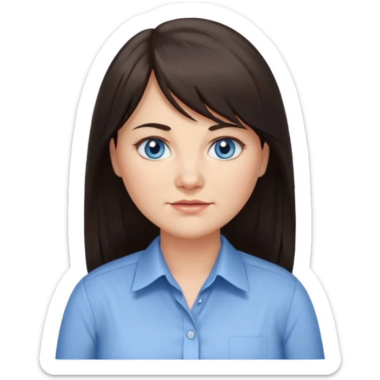 40 yr old woman, blue eyes, long straight dark brown hair, business shirt, chubby, bangs, long hair, tired, small smile sticker