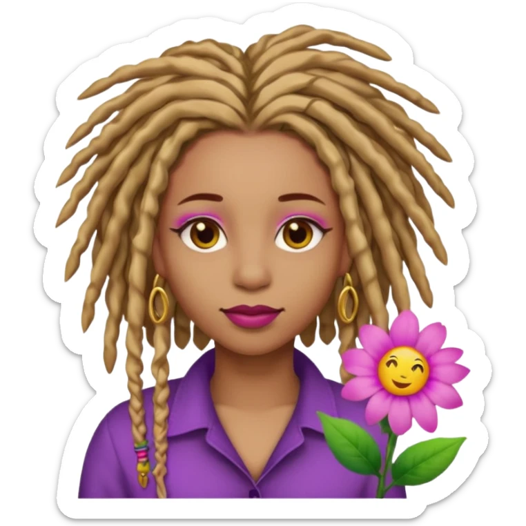Gold dread locs pink emoji face purple flower in the hair red lipstick light brown face  just the face pink tips on end of locs  sticker