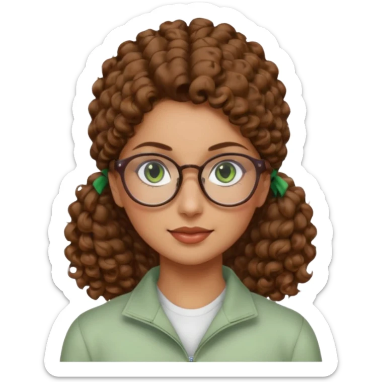 iranian woman, tight curly light brown hair in pony tail, glasses, green eyes, pretty, oval shape face sticker