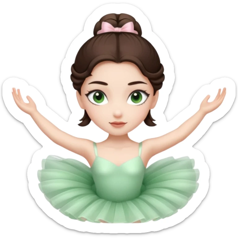 Realistic Ballerina Portrait, with porcelain-like skin featuring a natural rosy flush, illuminated by soft lighting that highlights the gentle contours of her face. Her Brunette hair flows in soft.Her deep green light eyes radiate framed by arched brows and long lashes. sticker
