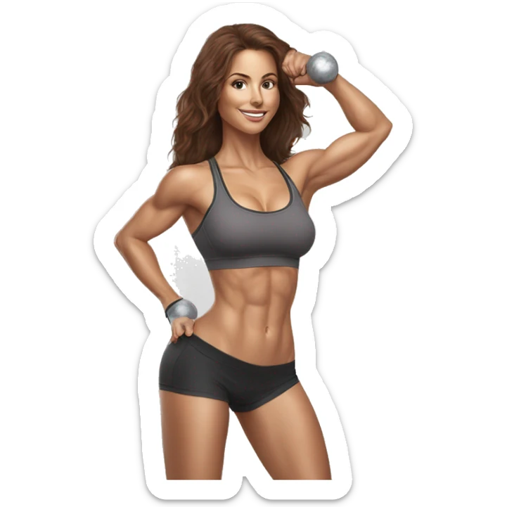 Hyperrealistic pencil drawing of athletic sexy girl with brown hair with kettlebell sticker