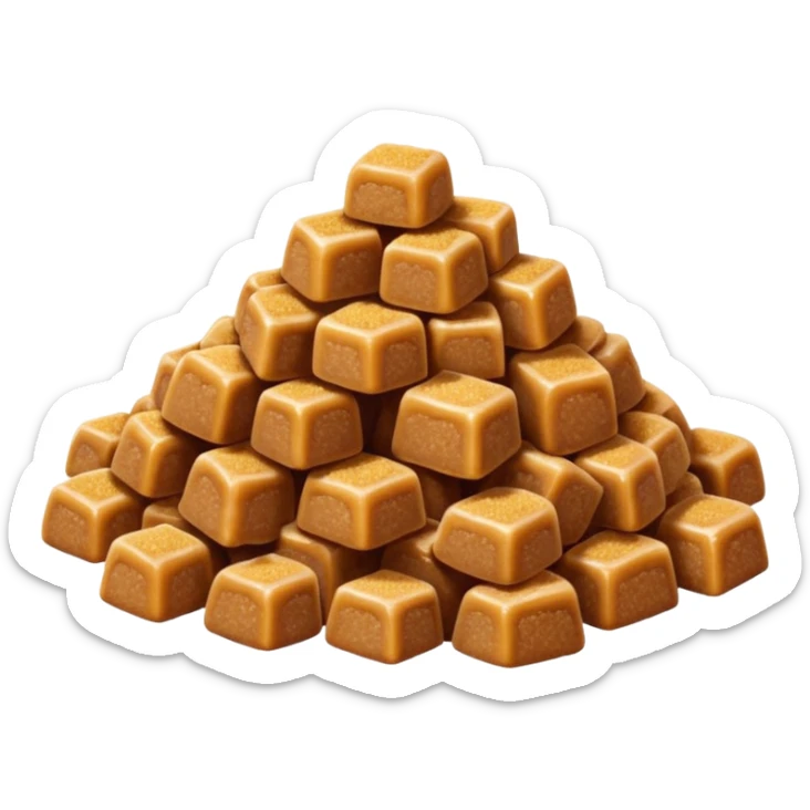 small pile of golden-brown sugar, warm amber tone, slightly coarse and irregular matte grains, lightly clumped, natural molasses look, no spoon, bowl, or packaging, soft lighting, subtle shadows, transparent background, emoji scale sticker
