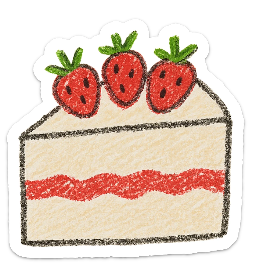 slice of white cake with strawberries on top, simple and cute, children doodle style sticker