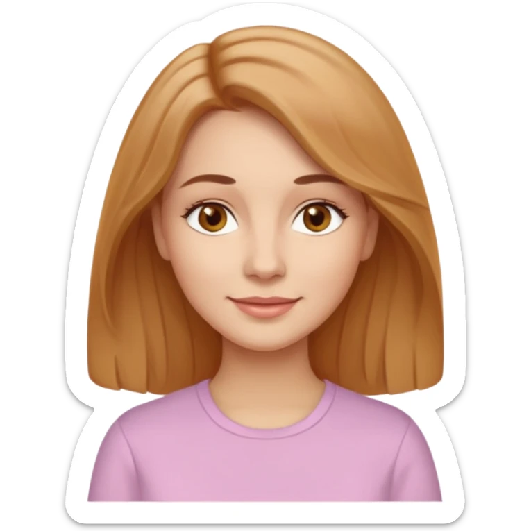 Woman with light beige skin tone, honey-brown hair that is slightly wavy and medium length, light brown eyes. Oval face shape, small nose, full lips, natural slightly arched eyebrows, soft pink cheeks. Wearing a simple shirt or blouse. Warm, friendly smile. sticker