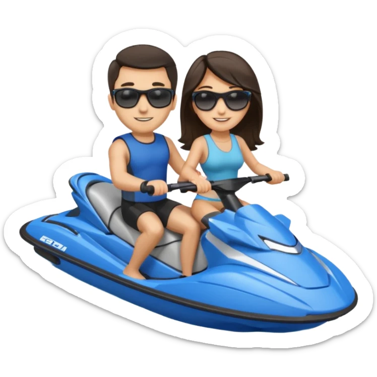 Light tan male dark hair & light tan female dark hair on a blue jet ski sticker
