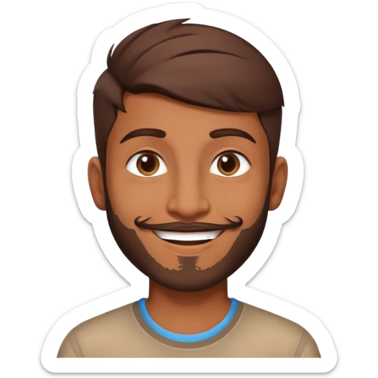 a 23 year old indian boy ,with brown hair ,little beard ,smiling but not showing so much teeth , handsome ,brown sticker