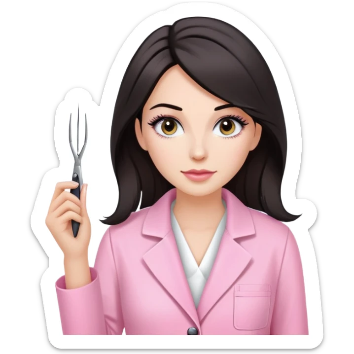 Mulher branca de cabelos pretos na altura dos ombros, vestindo jaleco rosa e segurando uma pinça de extensão de cílios sticker