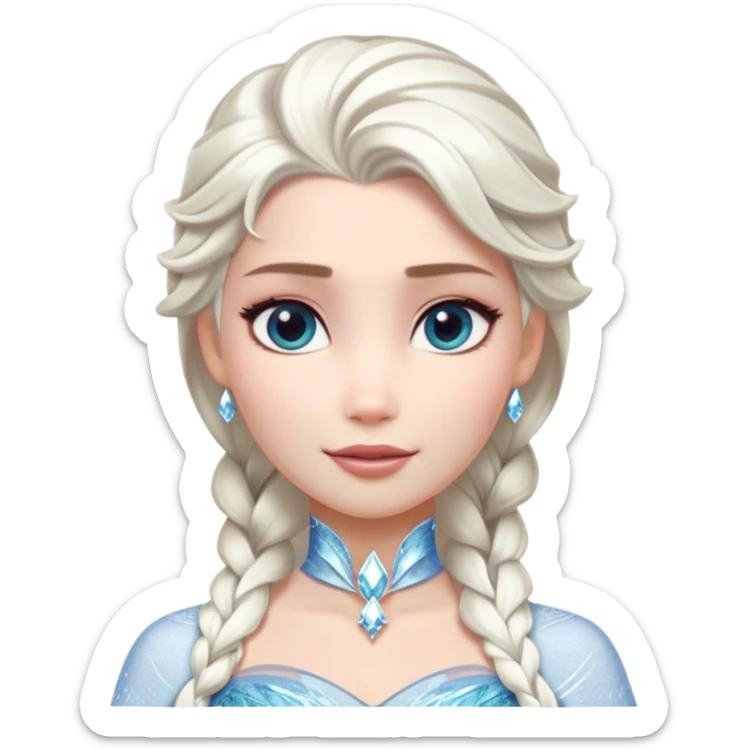 Cinematic Majestic Snow Queen Portrait Emoji, rendered in a clean, vector-style with bold, simplified shapes. Show Elsa with a serene, noble expression, luminous icy skin and gracefully styled platinum hair adorned with subtle crystalline accents, her attire minimal yet majestic. The design radiates a cool, crystalline glow with high shine and a soft glowing outline, embodying timeless, frosty elegance. sticker
