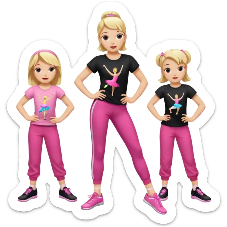Hiphop dancer, with cute big pants, sneakers, and t-shirt. White girl blond. Coloufull shirt. No pocket pants. Dancing. Pink and black plain outfit. No sweatbands on the wrist, black music box behind her. Ballerina pose. with dancing kids behind her sticker