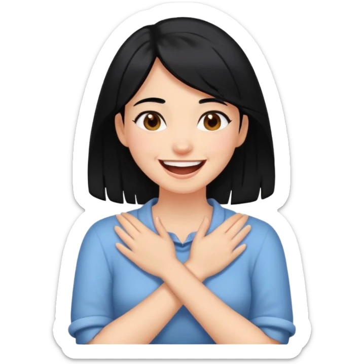 a girl with black hair and brown eyes with her hands crossed around her neck and laughing sticker