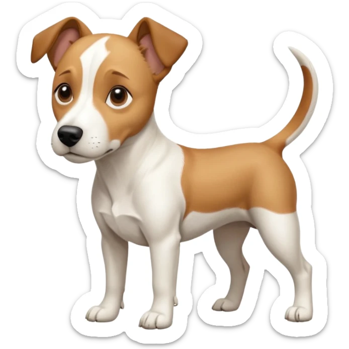 a full body facing front on of a buff white beagle cross jack russell terrier looking dog the size of a kelpie with light brown long ears resting on its face and a light brown patch above one eye and a large snout. the rest of the dog is completely white.  sticker