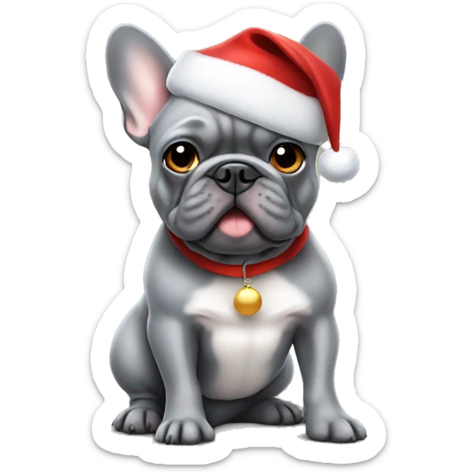 Gray french bulldog with a Santa Claus hat sticker