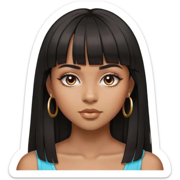 brownskin girl, beautiful girl, black straight hair with bangs above eyebrowns, nose piercing sticker