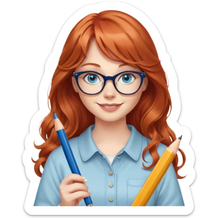redheaded woman with very long wavy hair and bangs, blue eyes, clear cat-eye glasses, casual chic outfit, holding a pencil, smiling sticker