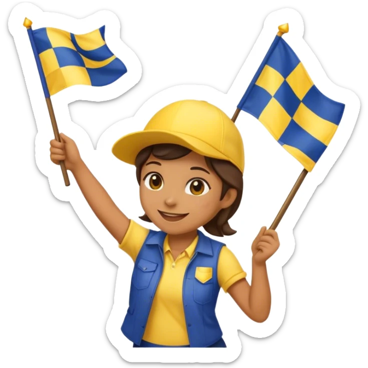 I want an emoji holding a yellow and navy blue checkered flag in both hands, wearing a yellow and navy blue hat, dancing, and smiling. sticker