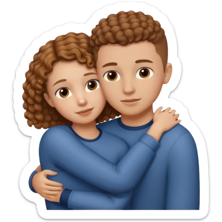 a girl with light brown curly hair hugging a boy with  brown buzz cut hair sticker