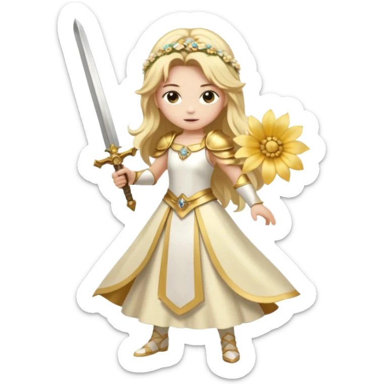 Lumine (from Genshin Impact) White and golden clothes, blonde, long-haired, with a big flower hair clip, and wielding a sword (full body) sticker