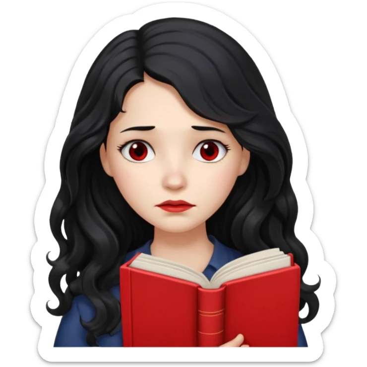 Long Hair Women with red Book, Black wavy hair, sad

 sticker