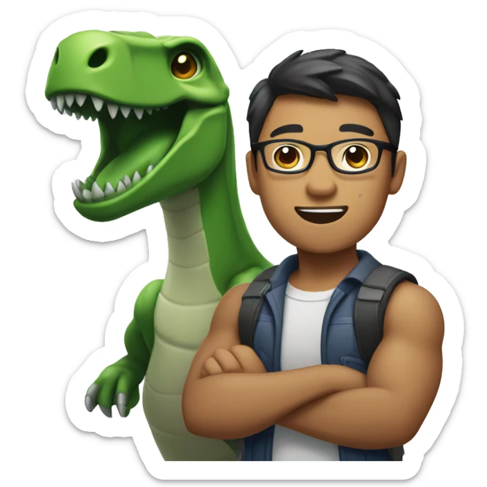 A muscular Asian male engineering student with darker skin tone, wearing glasses, holding a dinosaur in his arms. sticker