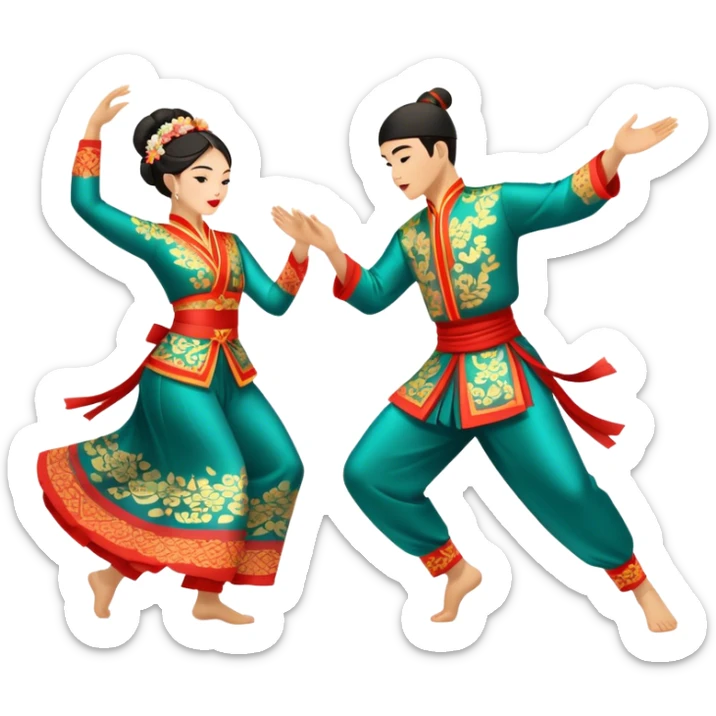 Cinematic Realistic scene of two performers executing a traditional Vietnamese folk dance, adorned in intricately patterned traditional costumes, captured in fluid motion with soft, culturally rich lighting sticker