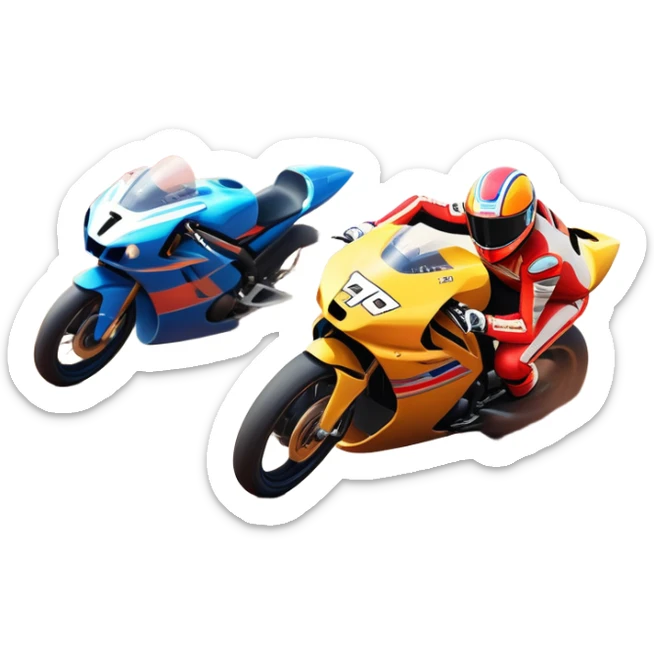 A sleek racing car and motorcycle speeding on a track, leaving a trail of dust behind. The scene captures the thrill of high-speed competition, with blurred motion and vibrant colors, highlighting the dynamic energy of motorsport. sticker