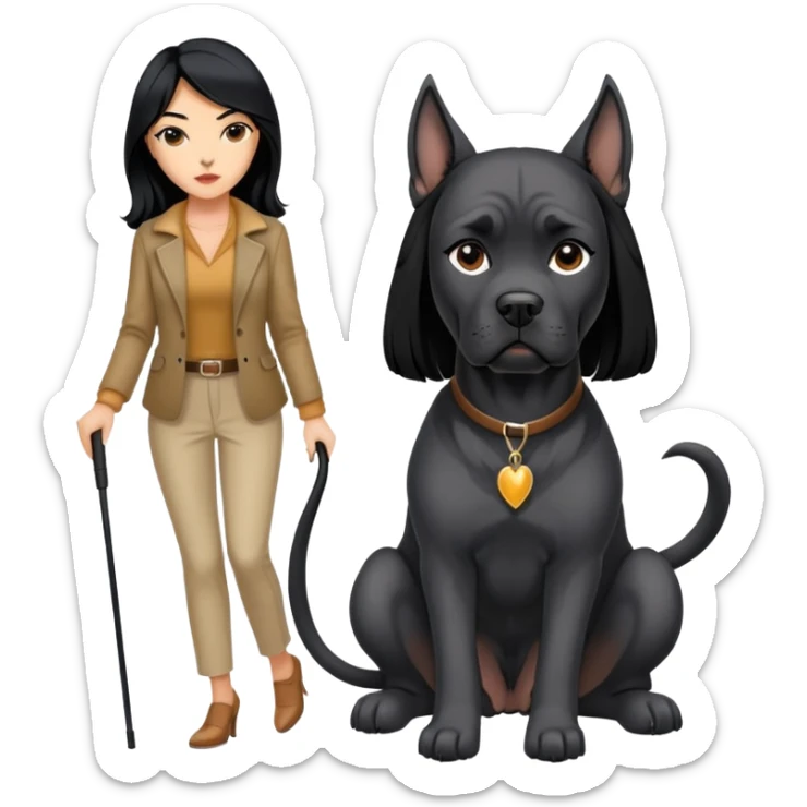 Stylish woman with long black hair and a black Cane Corso dog with cropped ears sticker