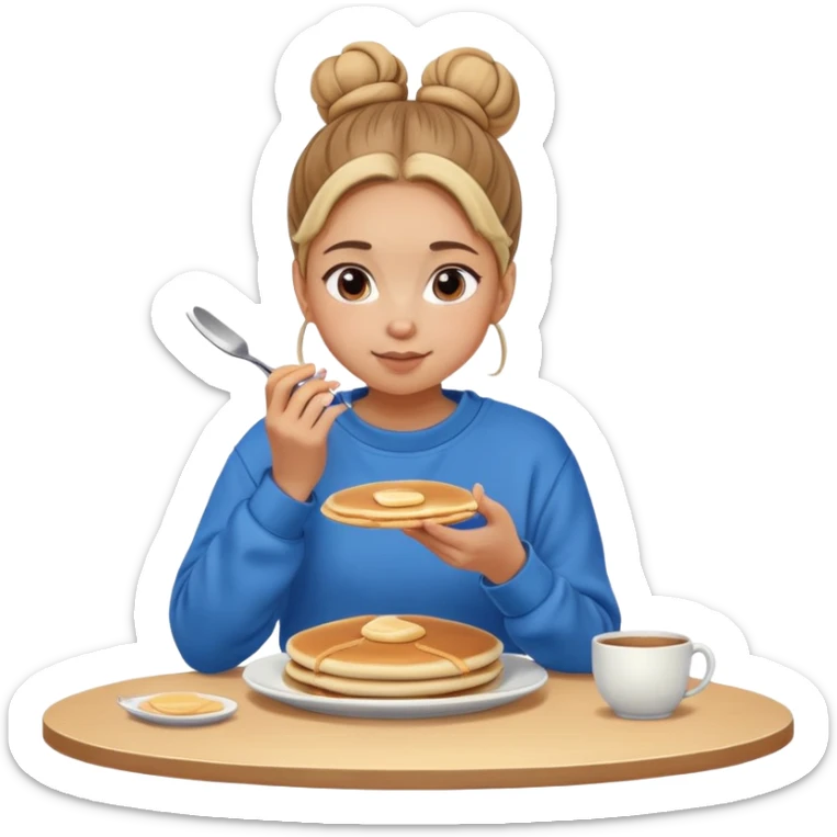 Girl in sweatshirt with bun in her hair eating pancakes  sticker