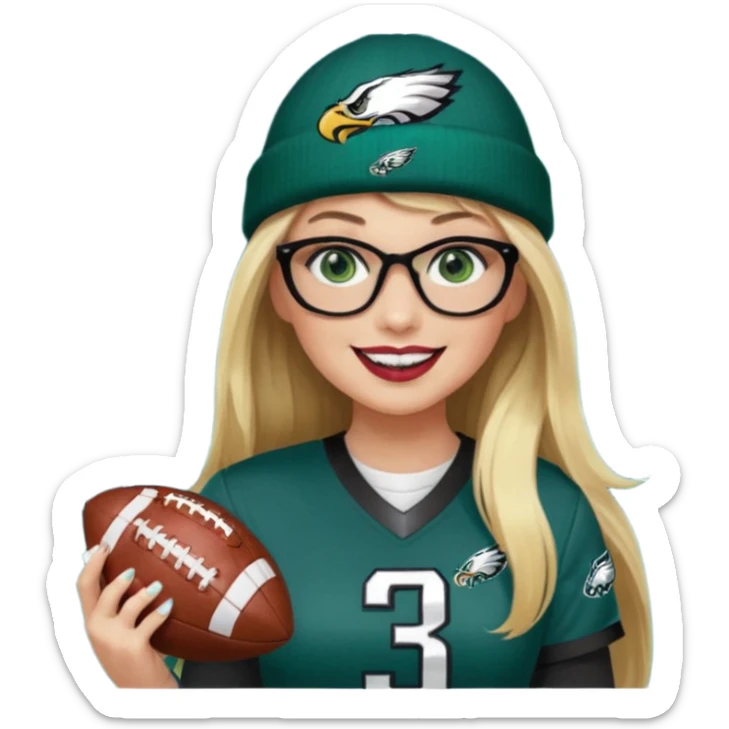 full length women wearing eagles uniform, long blonde hair, bangs, green eyes, black rectangle glasses, holding football, number 33, smiling, lipstick, eagles beanie sticker