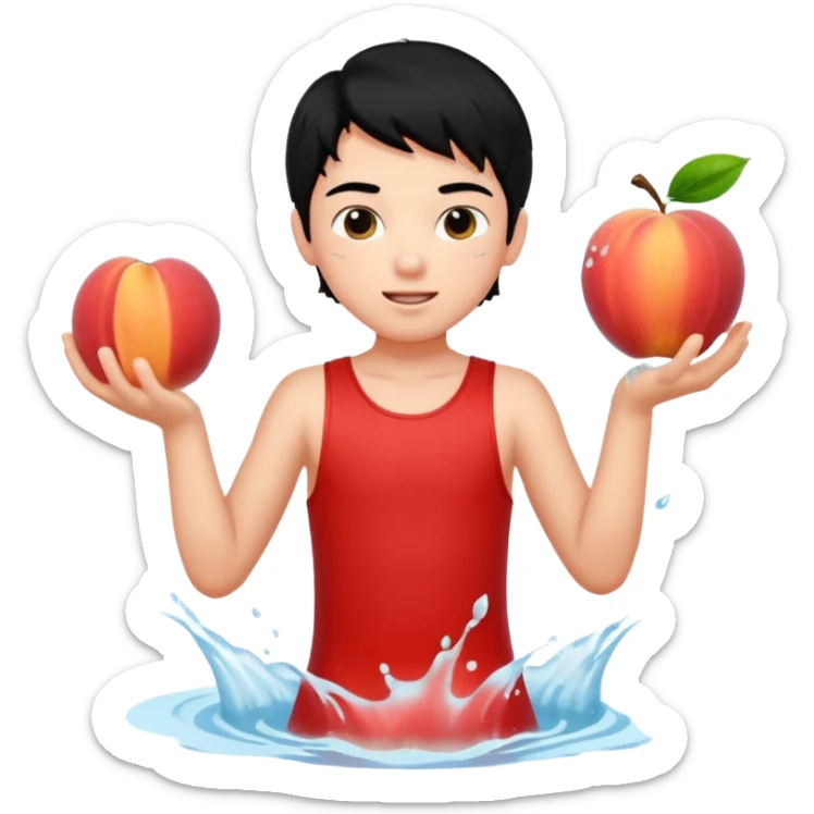 a peach splashing water in boy's mouth above his with black hair and red dress sticker
