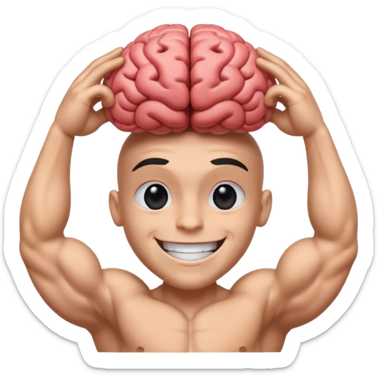 Un cerveau avec un immense sourire blanc, de beaux yeux noirs et de gros bras musclés qui sortent du cerveau sticker