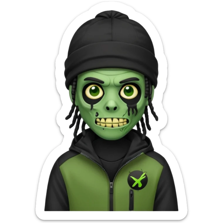 a zombie emoji with black dreads and a black nike jacket and black nike ski mask on his head sticker