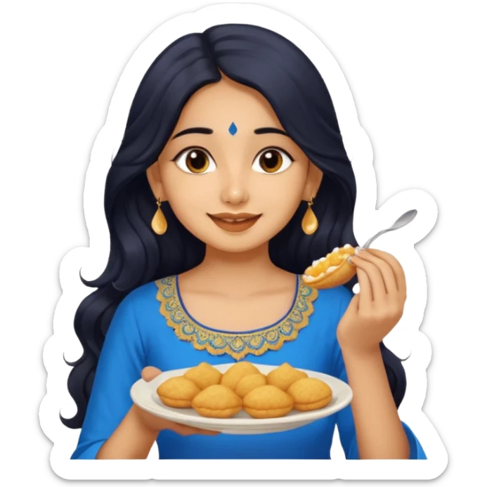 a pretty tan indian bratz girl with wavy long BLACK hair. eyeliner on, wearing a blue kurti, eating golgappa. NO SPOON sticker
