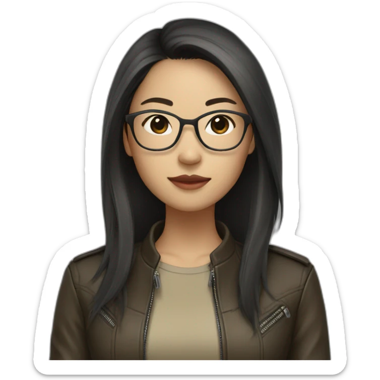asian girl with glasses and a leather jacket with a  khaki shirt and long dark hair sticker