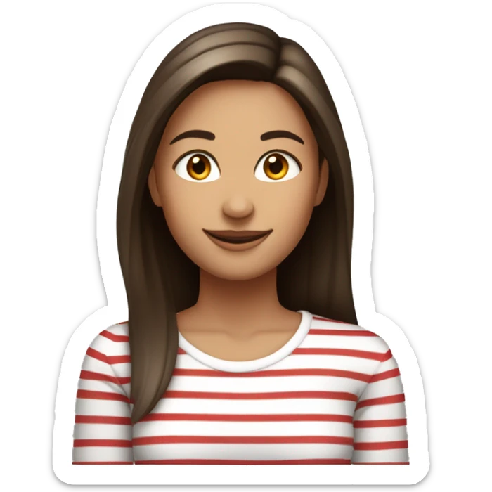 Portrait of an adult girl, tanned skin, dark long straight brown hair, dark eyes, smiling, wearing a white long sleeve with red horizontal narrow stripes. sticker