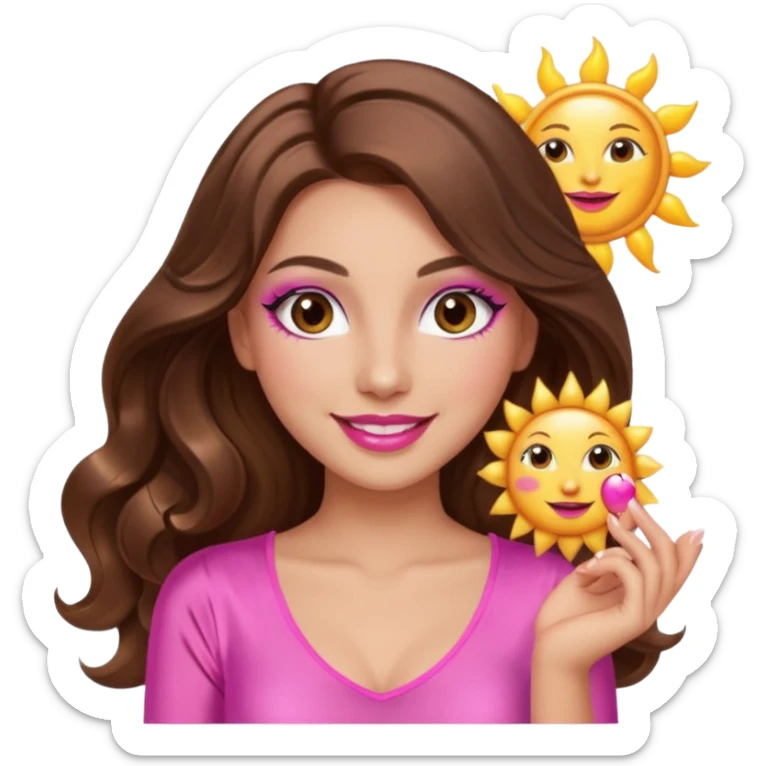 girl with long wavy brown hair, brown eyes, long lashes makeup, sexy pink lips, smiling, light to medium complexion, wearing a pink sexy silk top, holding the sun icon  sticker