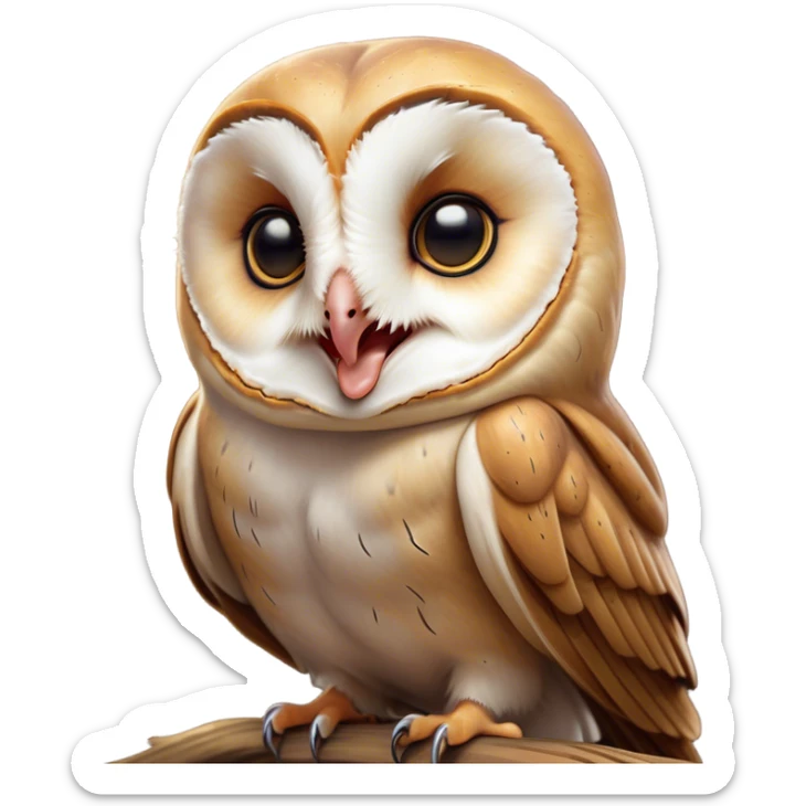 Cinematic Cute Yawning Barn Owl Portrait Emoji, Head tilted slightly with a dramatic, wide-open yawn, showcasing a soft, mottled plumage with subtle brown accents and gently drooping feathers, round amber eyes barely open in drowsy contentment, Simplified yet irresistibly adorable features, highly detailed, glowing with a soft, cozy glow, high shine, relaxed yet expressive, stylized with a touch of nocturnal whimsy, bright and endearing, soft glowing outline, capturing the essence of a sleepy yet affectionate owl, so drowsy it feels like it could glide out of the screen and curl up for a nap! sticker