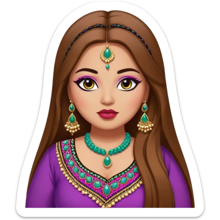 big plus size, long brown hair, pakistani clothes, bratz baddie,pretty, makeup, lipgloss, black eyeliner, colorful, beading, dupatta, salwar sticker