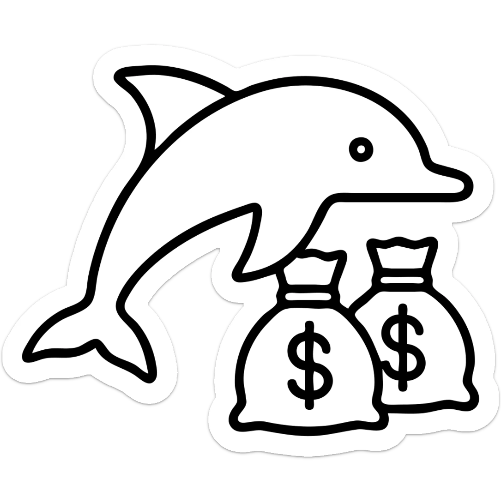 Add bags of money next to the dolphin in outlined icon style, no background. sticker