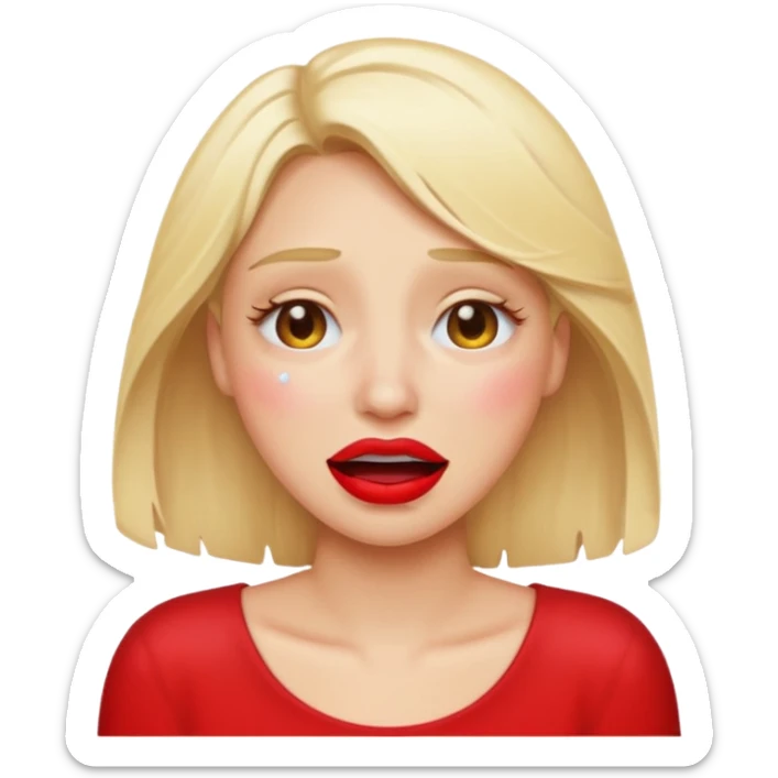 blonde having crying emoji tears (water-emoji) from hard laughter. really happy in general, happy eyes. red lipstick sticker