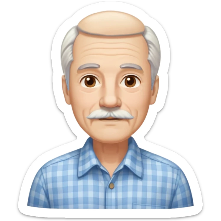 Man in his 70s with fair skin and gentle wrinkles. Long face with warm smile. Soft light brown eyes. Thin gray eyebrows. White goatee beard connected to mustache. Straight white hair combed back, longer on sides. Wearing a light blue and beige checkered button-up shirt. sticker