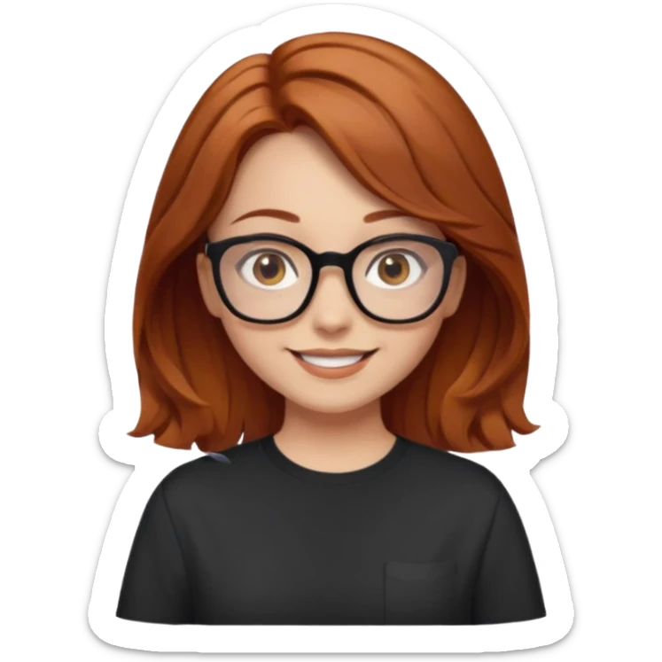 red-brown haired girl, middle length straight hair - wavy towards the ends, brown almond eyes, thick black glasses, oversized shirt sticker