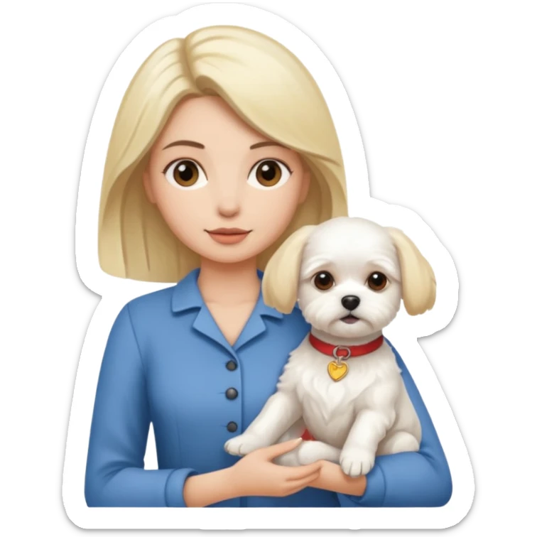 brunette woman and blonde long haired woman holding Maltese dog sticker